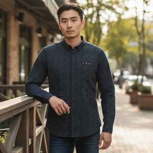 Scotch & Soda Mens Navy Blue Micro Dot Stardust Long Sleeve Button‎ Down Shirt L